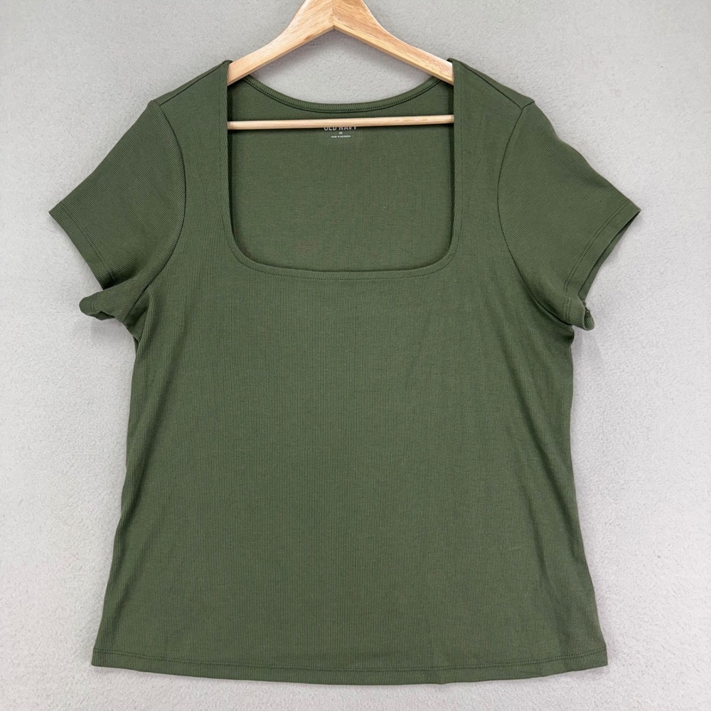 Old Navy T-Shirt Womens 2X Green Short Sleeve Ribbed Square Neck Stretch